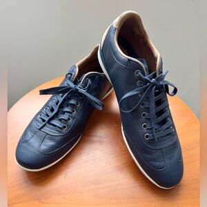 Lacoste Misano 34 SRM Navy Blue and Tan Leather Suede Sneakers, Size 9.5.